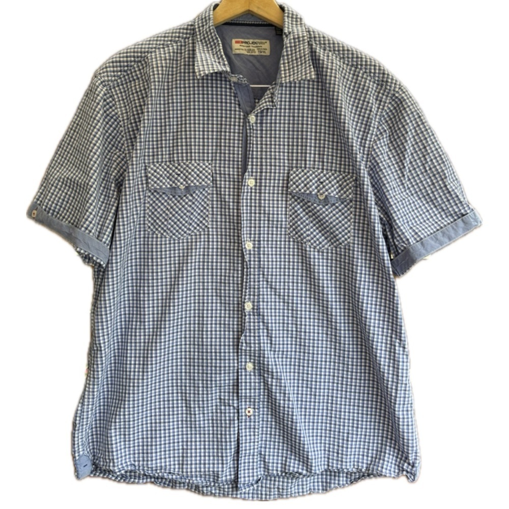 Projek Raw Men’s Blue White Gingham Casual Short Sleeve Button Up Shirt XLarge